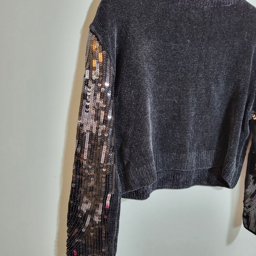 ZARA NWOT Sequins Black Top | Size M | Cropped | Plush Knit Back | Long Sleeve - Picture 4 of 11